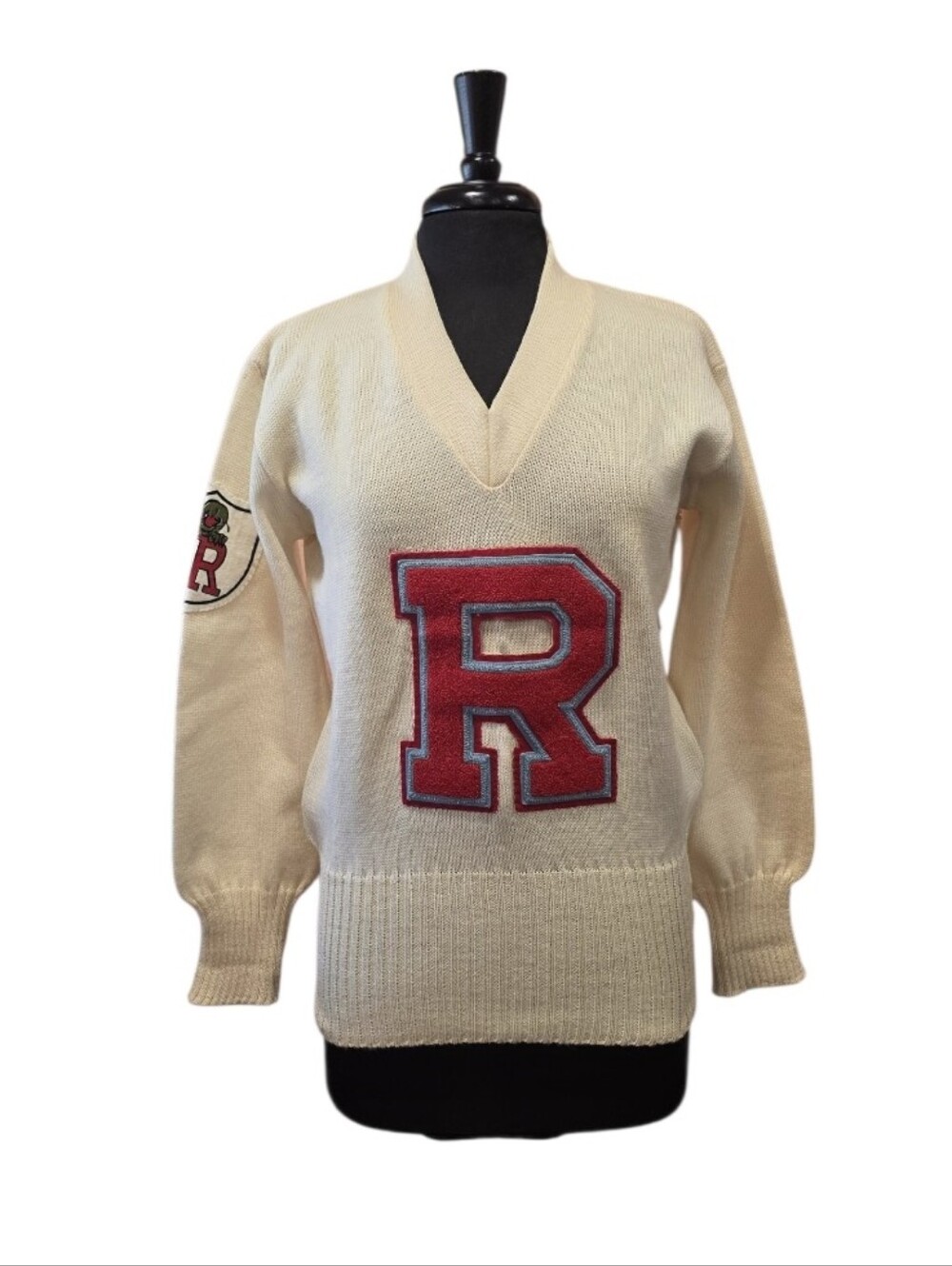 Vintage New Era Sportswear 60s Cream V-Neck Sweater Letterman R Zombie Patch